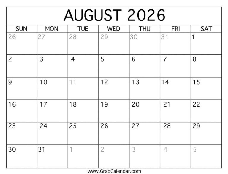 August 2026 Printable Calendar Free