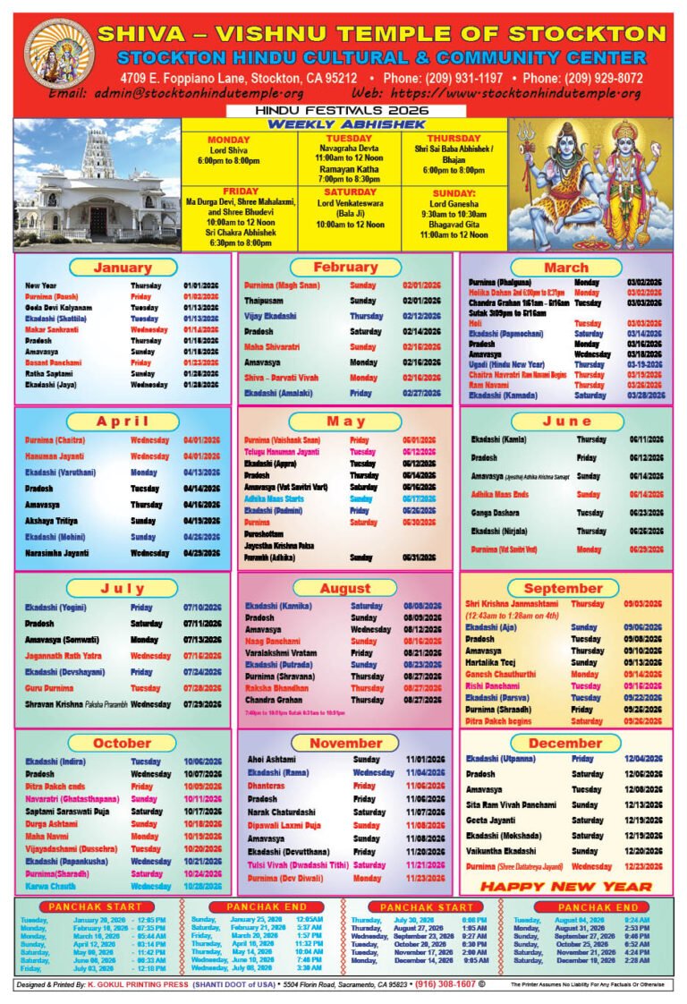 Shiva Vishnu Temple Calendar 2026