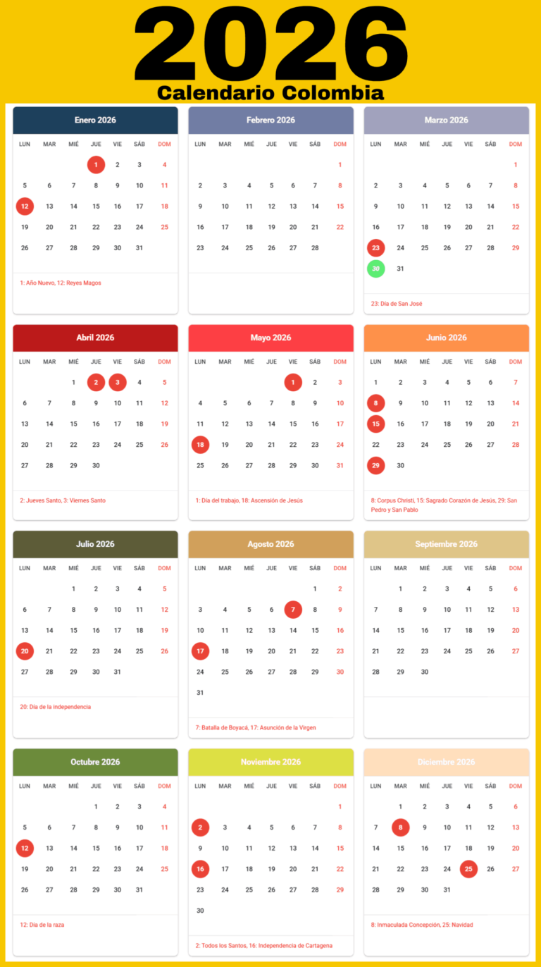 Calendario 2026 Colombia Con Festivos Pdf