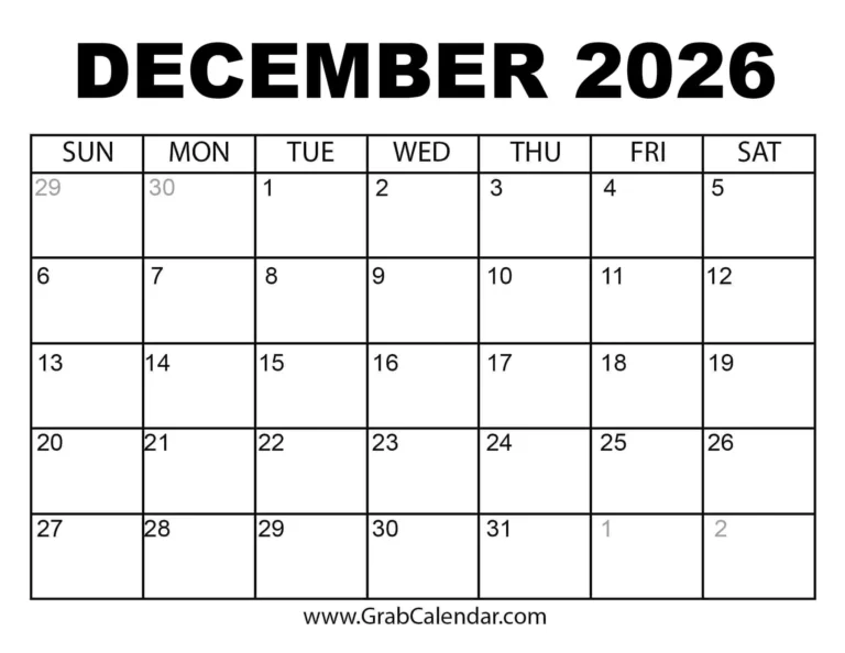 Printable Monthly Calendar December 2026