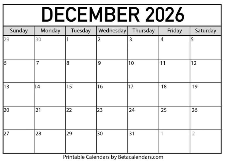 Blank Calendar December 2026 Free Printable