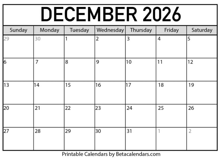 December 2026 Calendar Free Printable