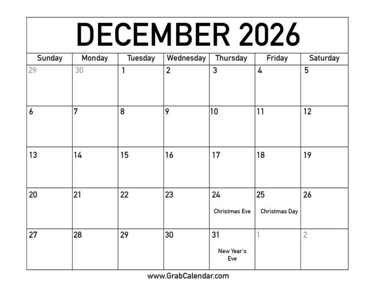 Free Printable December 2026 Calendar With Holidays