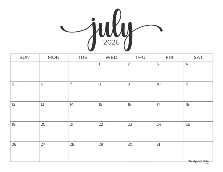 Blank Calendar Template July 2026 Calendar