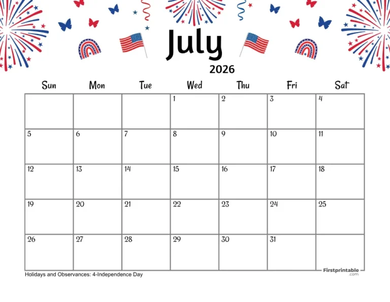 Free Printable July Calendar 2026