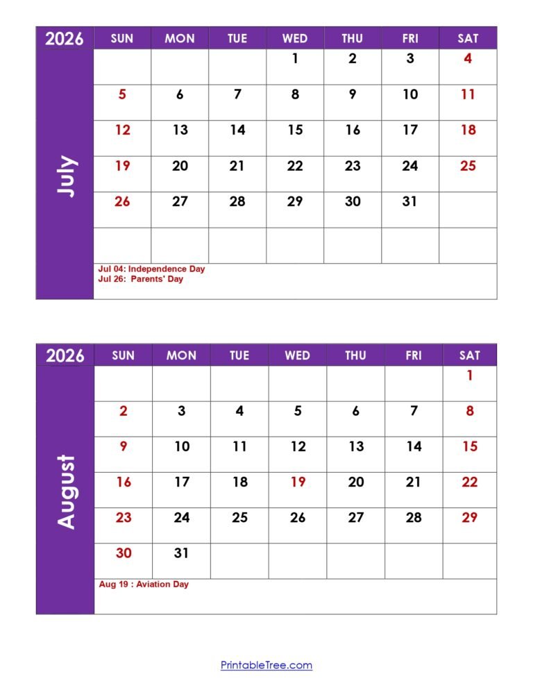 July And August 2026 Calendar With Holidays