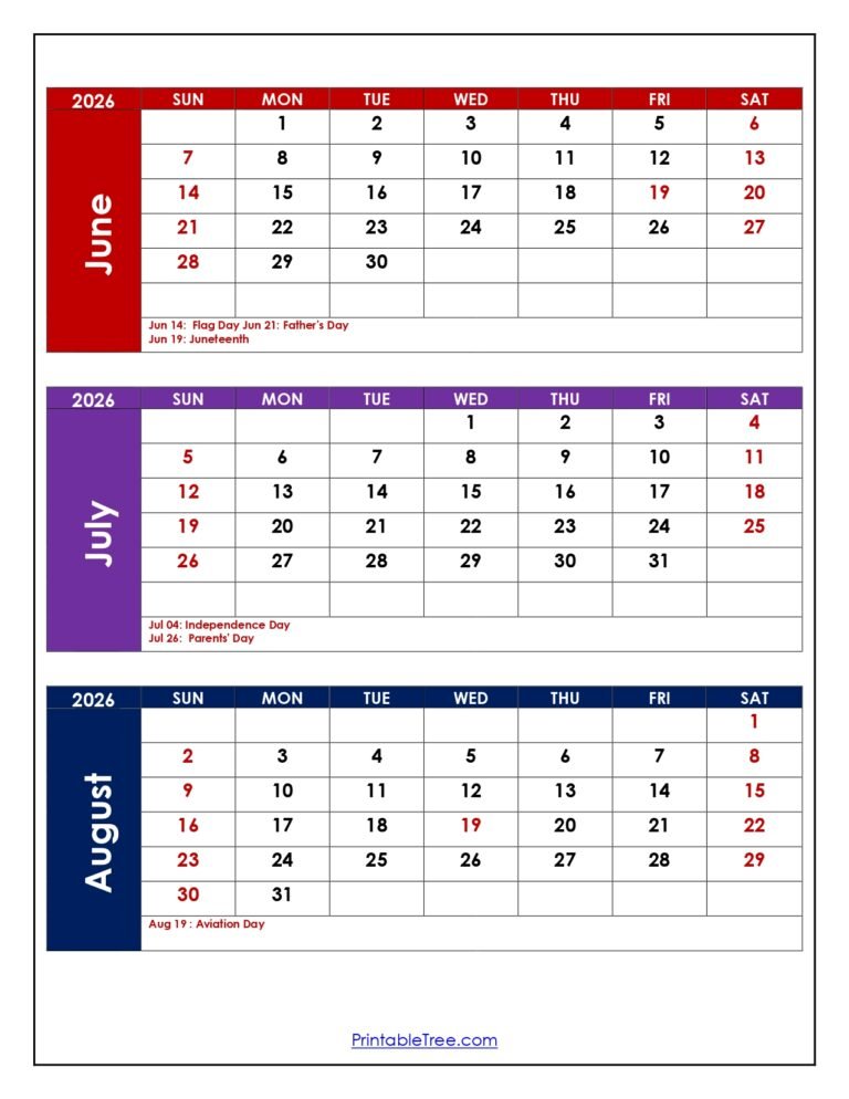 June July And August 2026 Calendar Printable