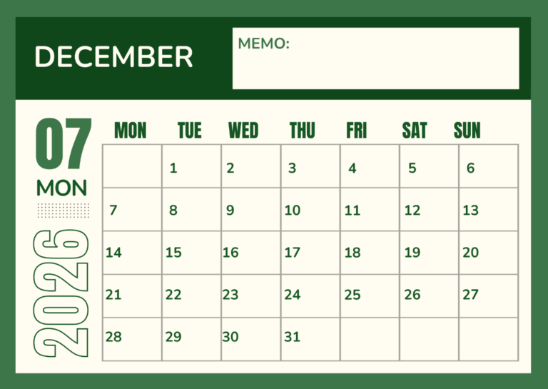 December 2026 Calendar Monday Start