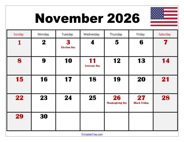 November Calendar 2026 With Holidays