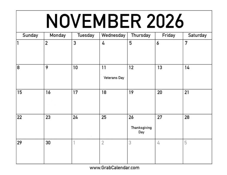 Nov 2026 Calendar With Holidays
