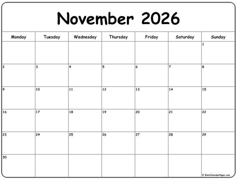 November 2026 Calendar Monday Start