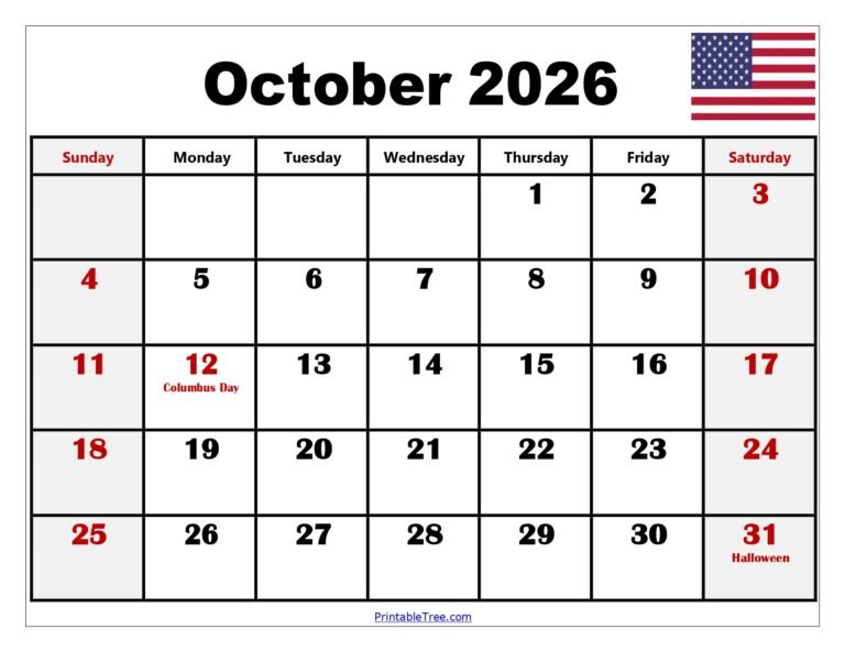 October 2026 Calendar With Holidays Printable