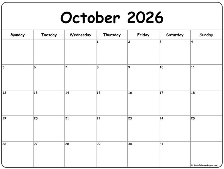 October 2026 Calendar Monday Start