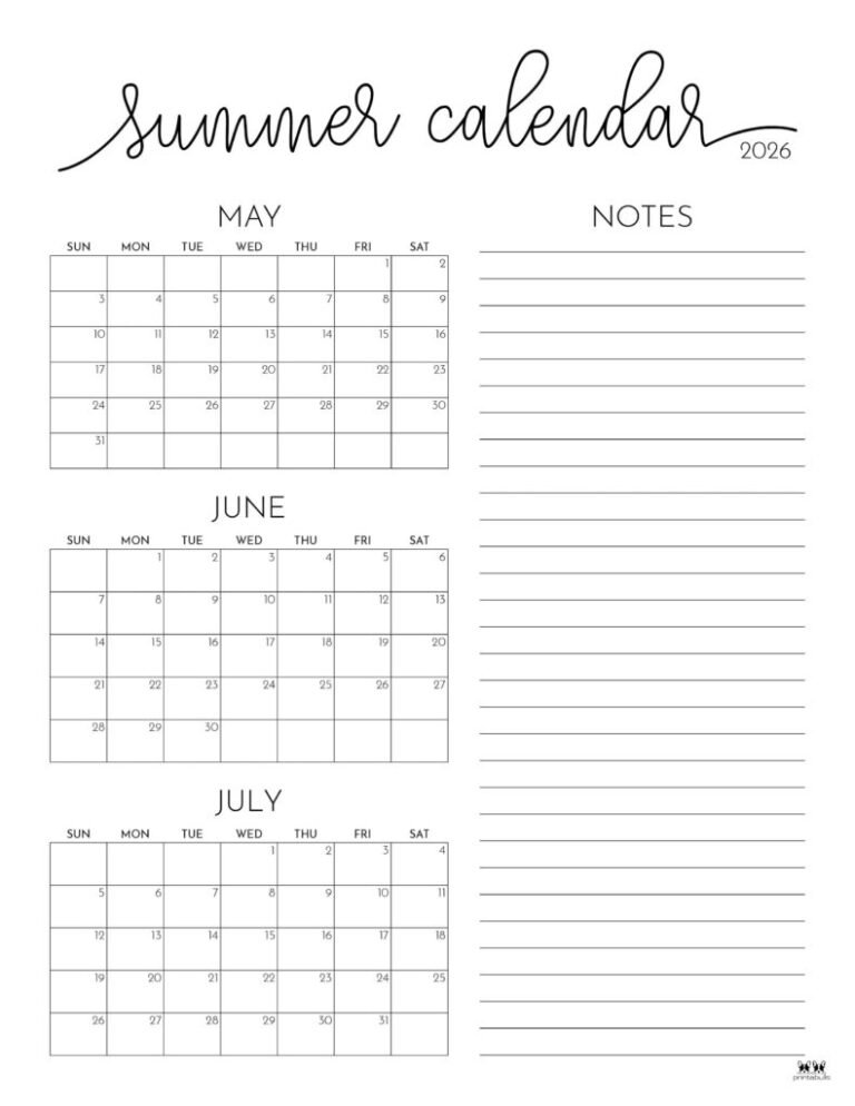 Free Printable Summer Calendar 2026