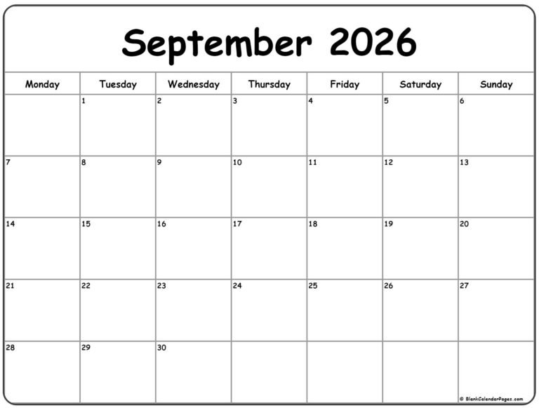 September 2026 Calendar Monday Start
