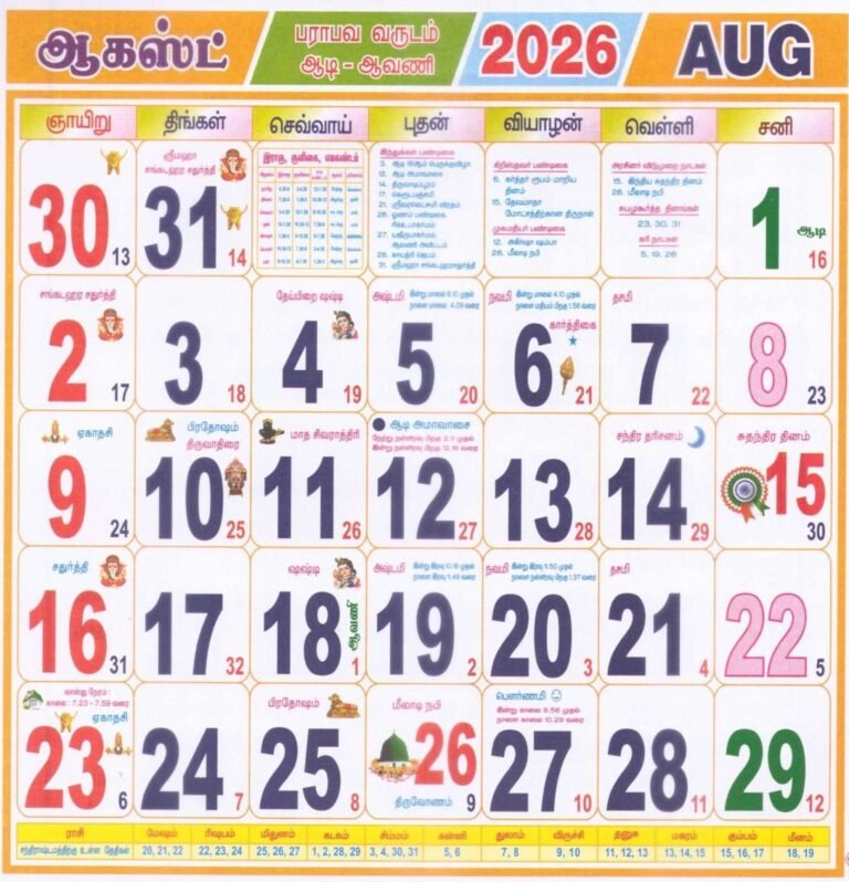 Tamil Daily Calendar 2026 August