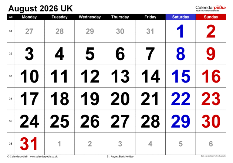 August 2026 Calendar Uk