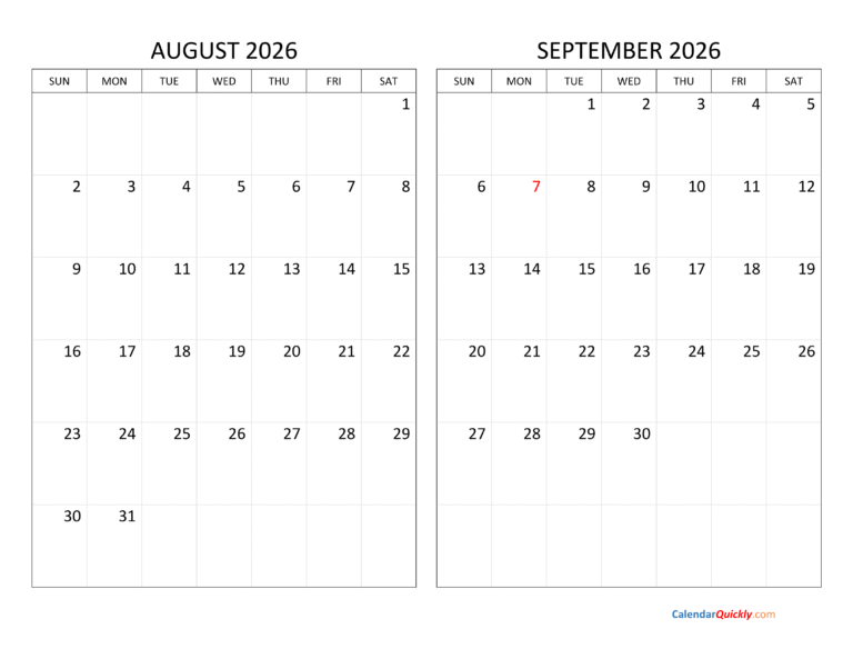 August September 2026 Calendar Printable
