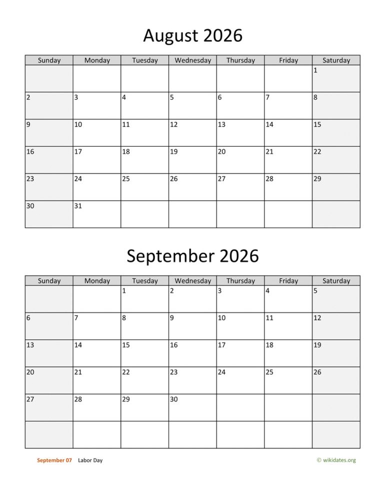 Calendar For August And September 2026