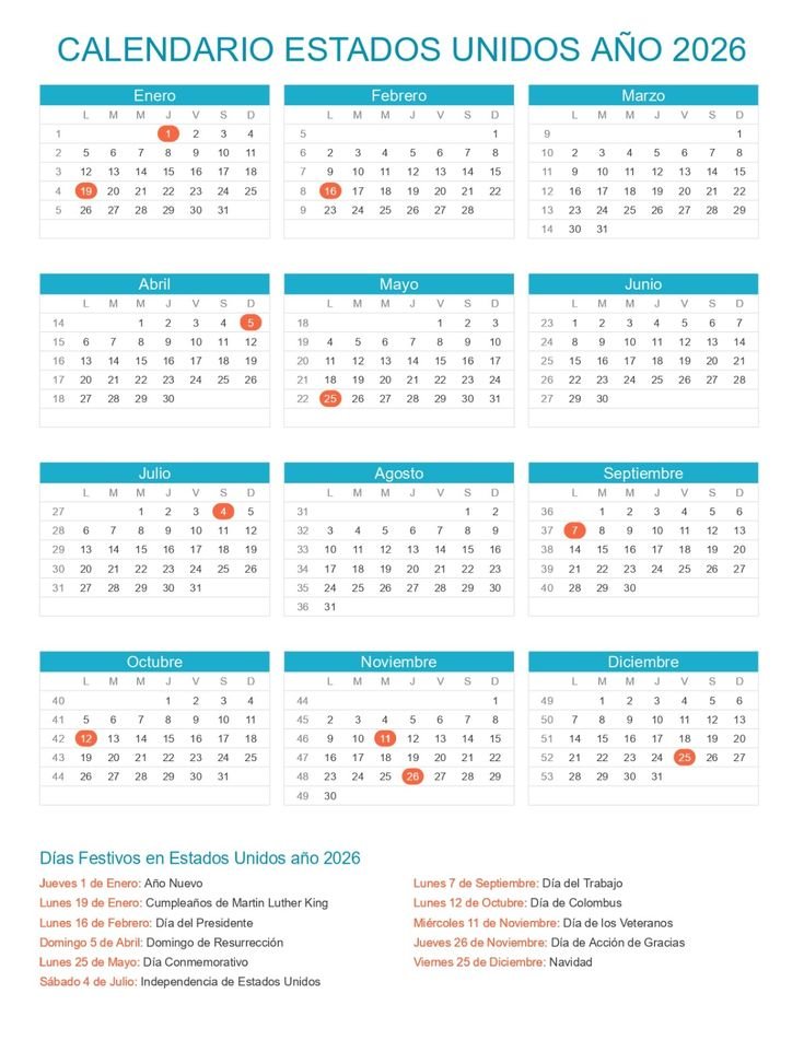 Calendario 2026 Usa Con Festivos