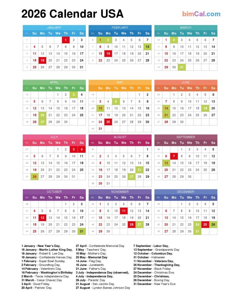 Calendar For Year 2026 United States