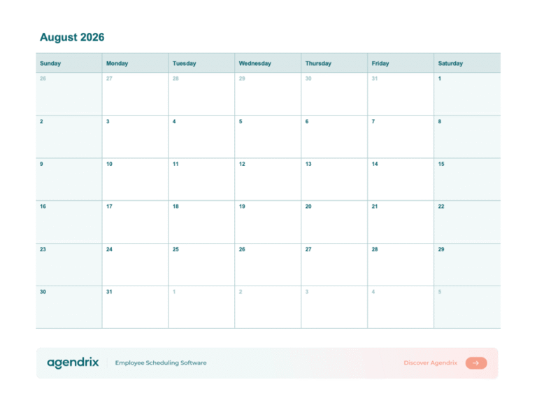 August 2026 Calendar Template Excel