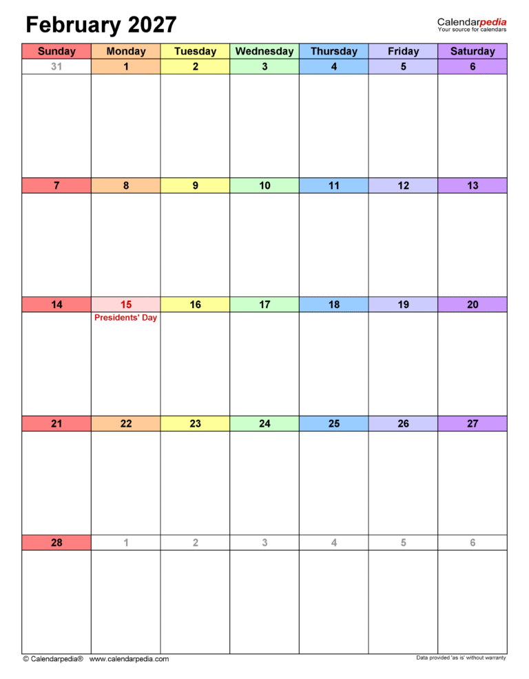 Editable February 2027 Calendar Word Excel Template – Free Download