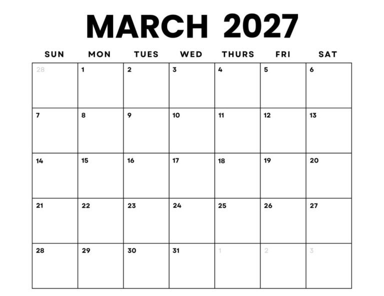 Minimalist March 2027 Printable Calendar – Clean & Simple