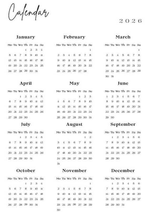 Calendar For The Year 2026