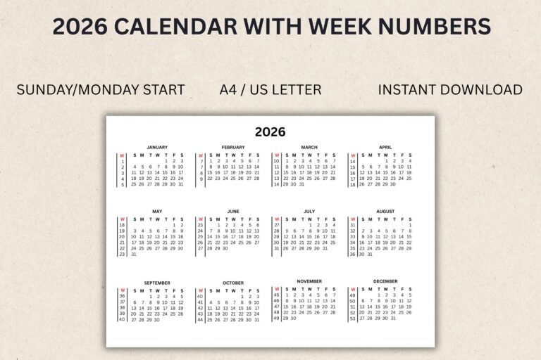2026 Calendar With Week Numbers Printable