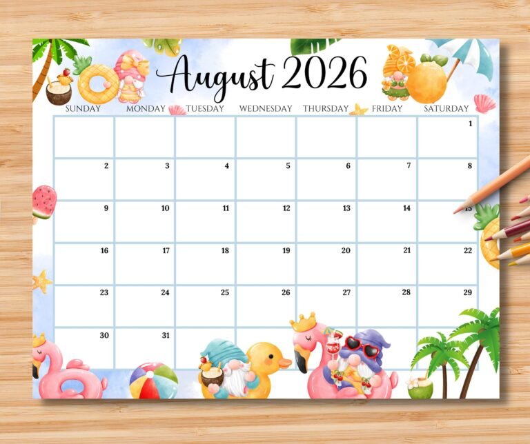 Cute August 2026 Calendar Printable