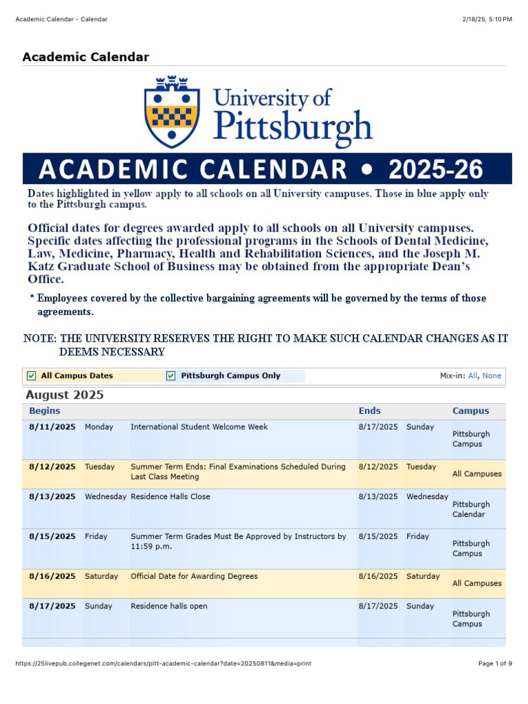 Pitt 2026 27 Academic Calendar