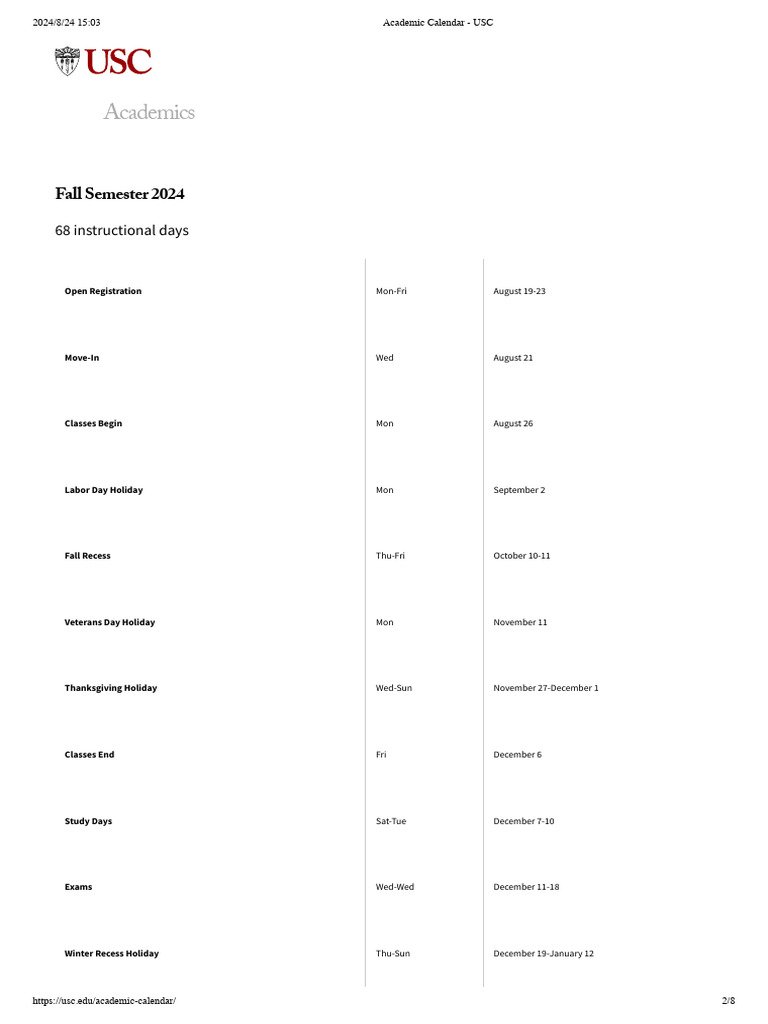 Usc Academic Calendar 2026 2027