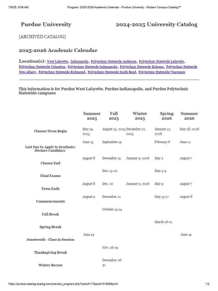 Purdue 2026 Academic Calendar