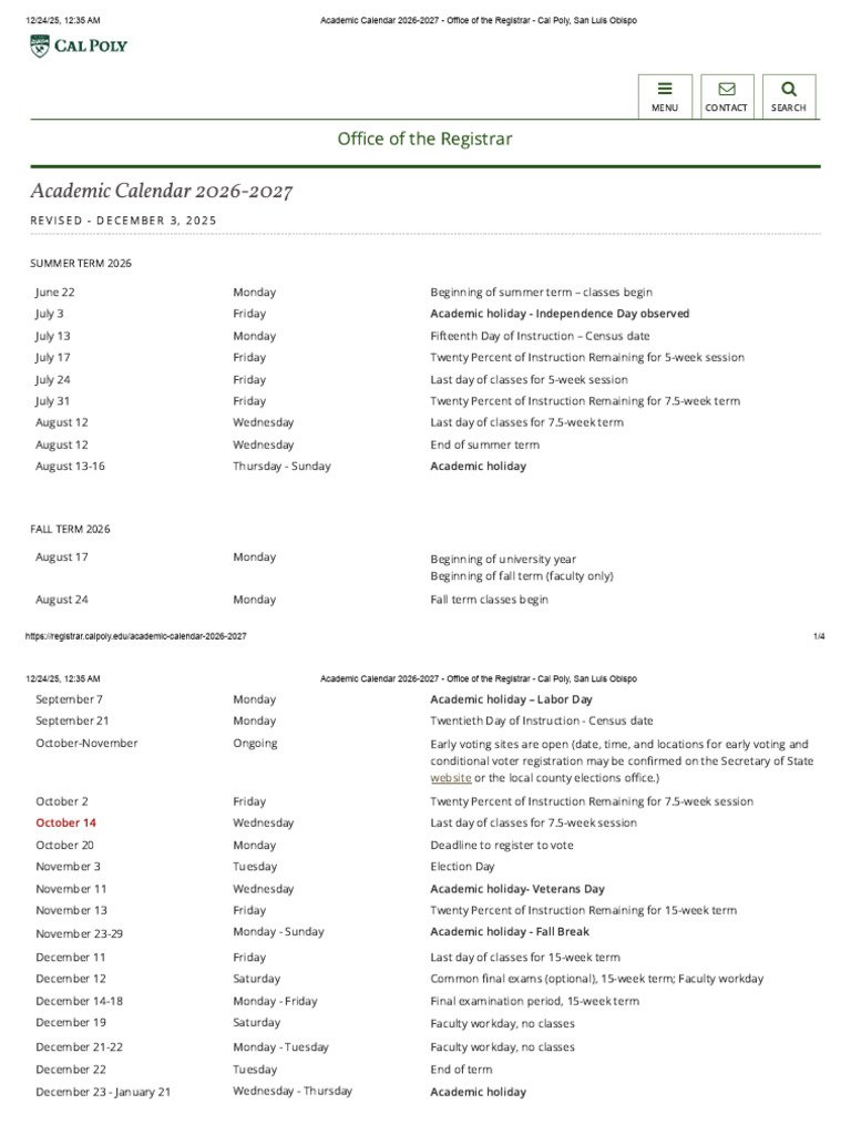 Cal Poly Pomona Academic Calendar 2026