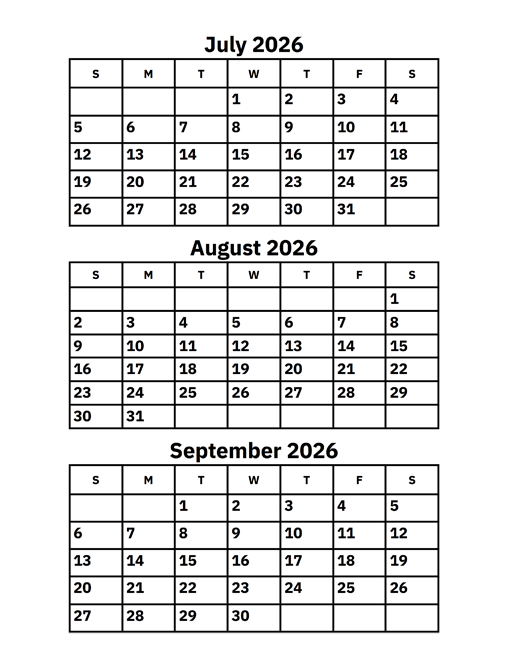 July Aug Sept 2026 Calendar