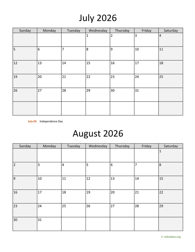 July August 2026 Calendar