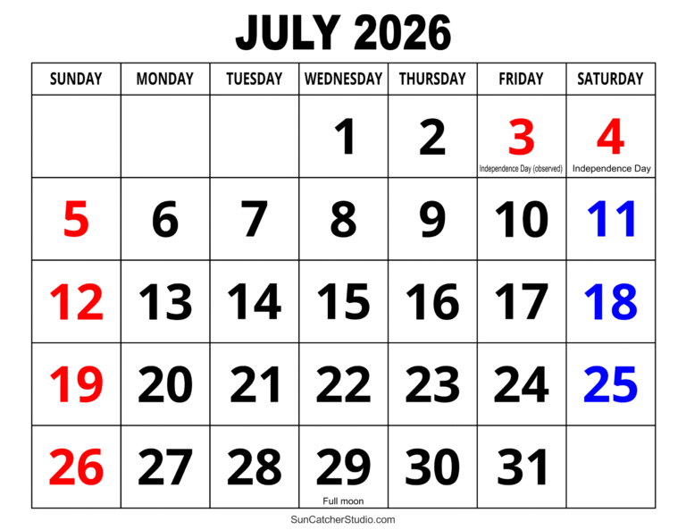 Month Of July 2026 Calendar
