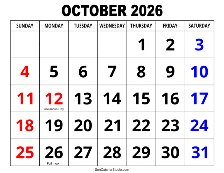 Landscape October 2026 Printable Calendar – Large & Easy To Read