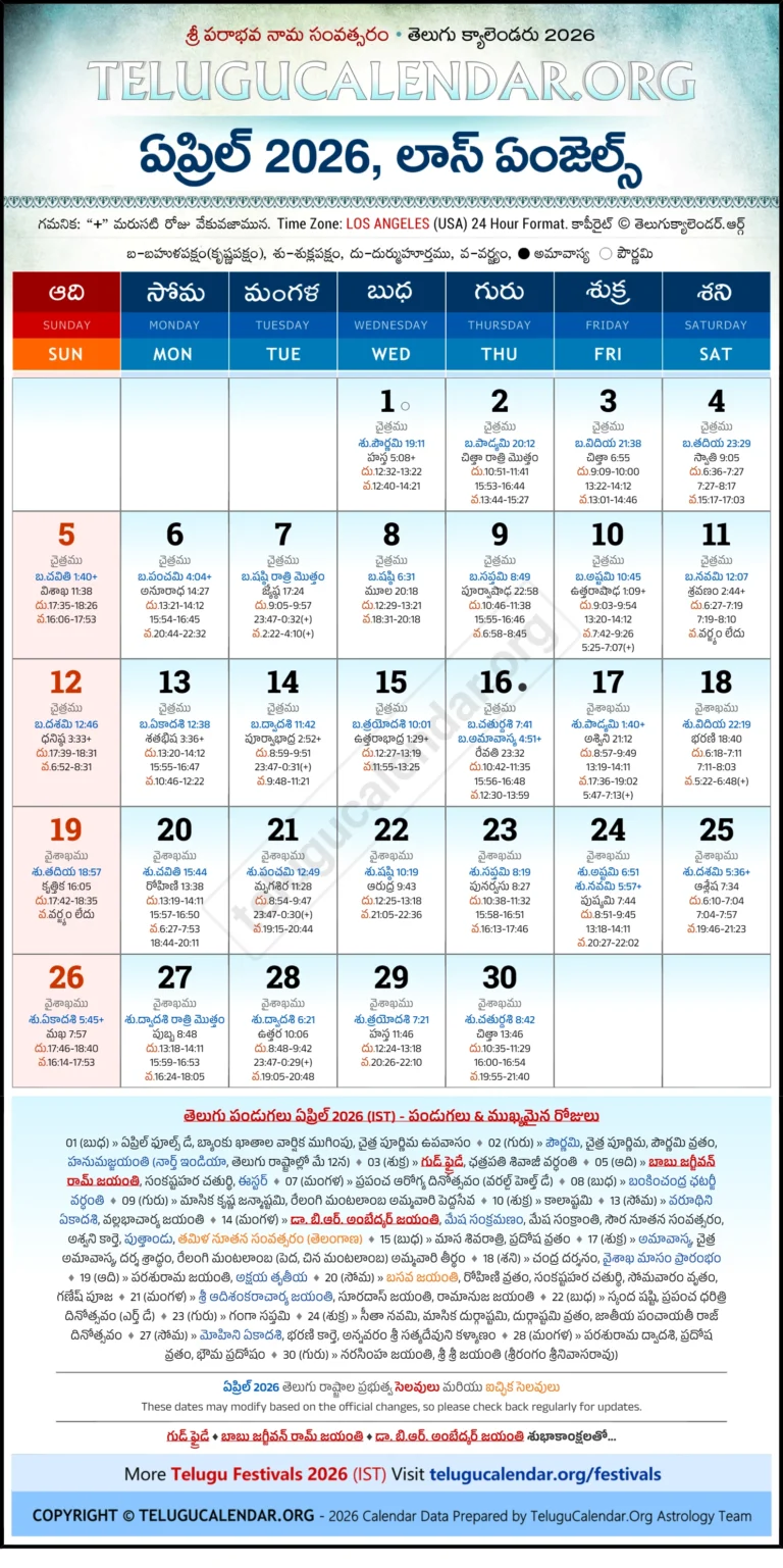 Telugu Calendar 2026 Los Angeles