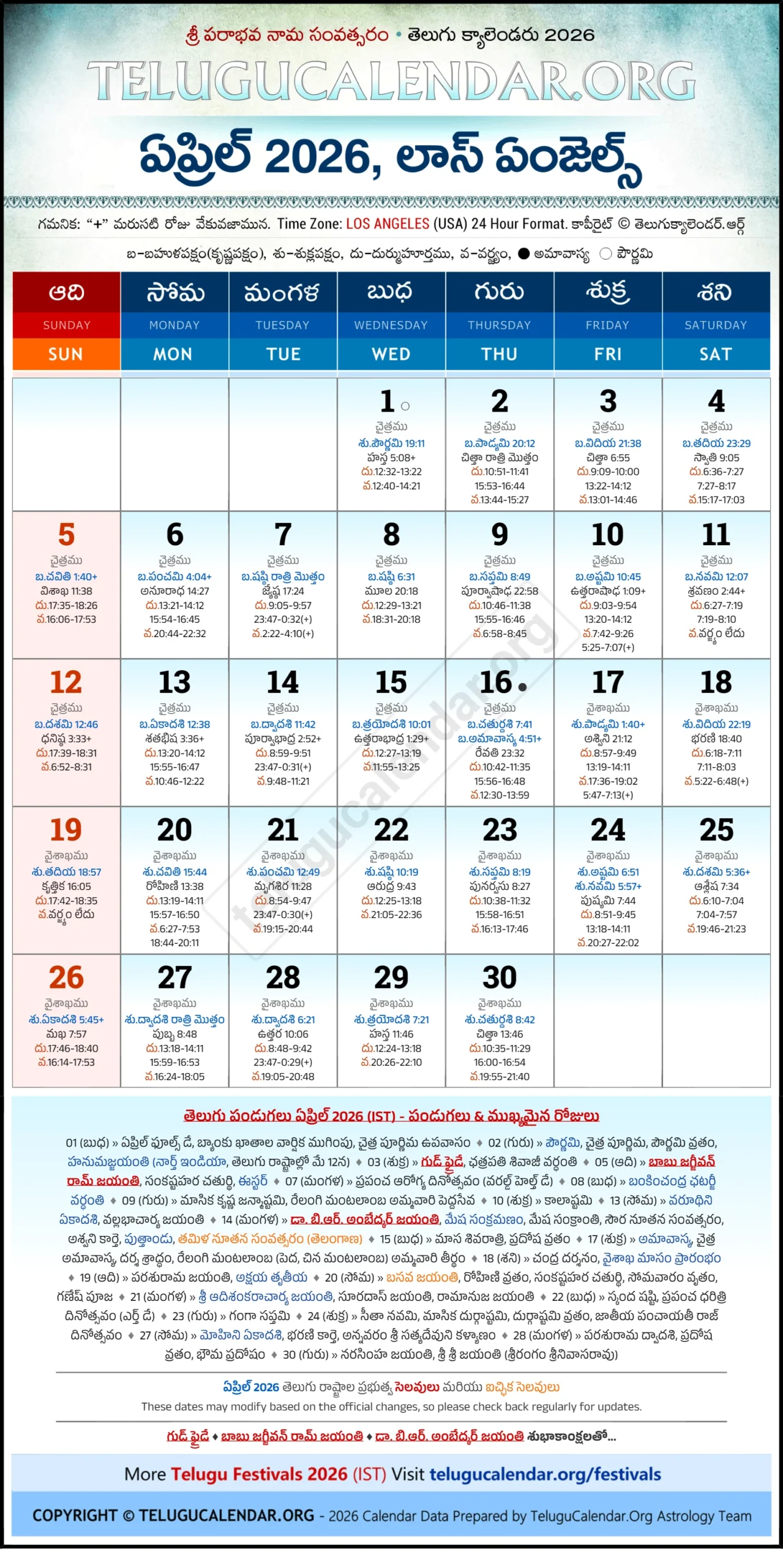 Telugu Calendar 2026 Los Angeles