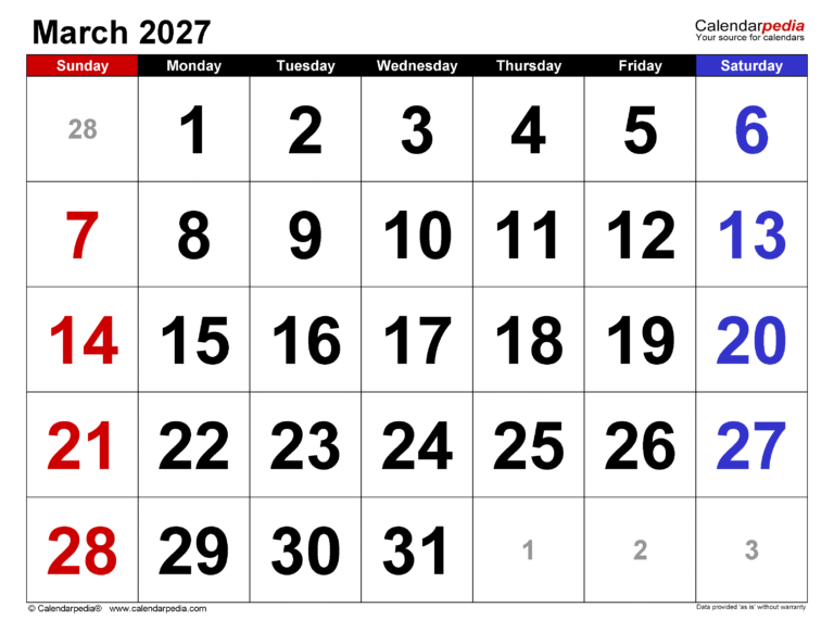 Landscape March 2027 Printable Calendar – Large & Easy To Read