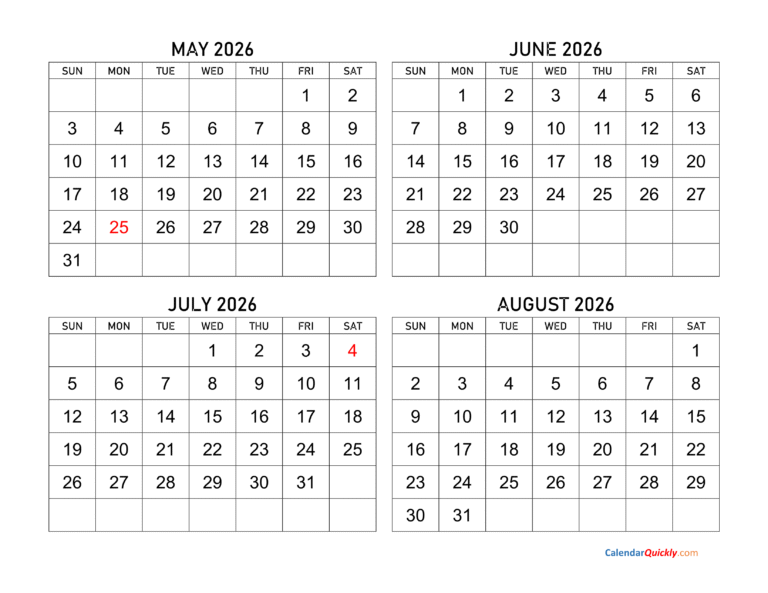 May June July August 2026 Calendar