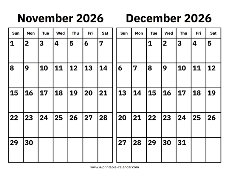 November And December 2026 Calendar Printable