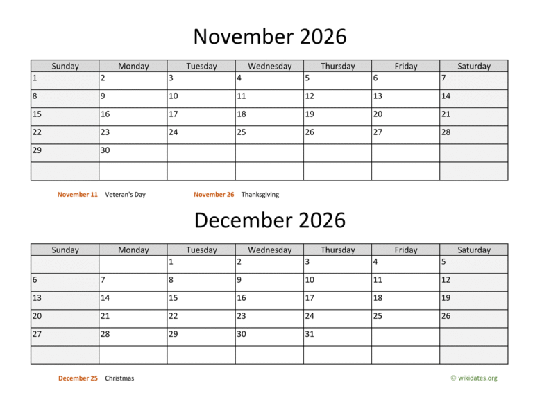Calendar For November And December 2026