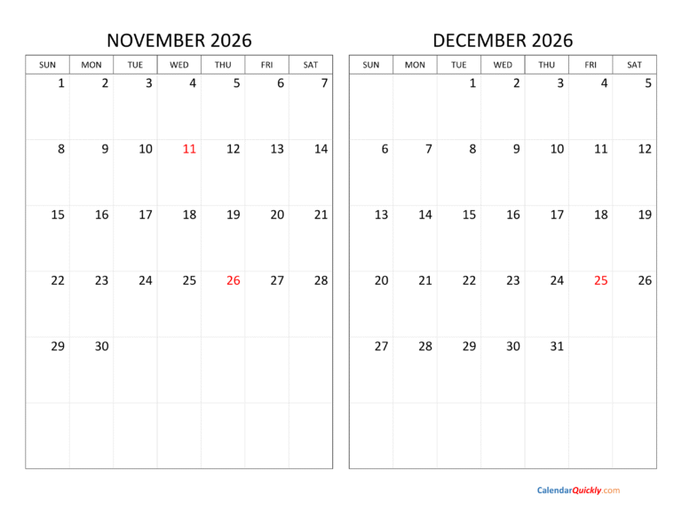 November December 2026 Calendar Printable
