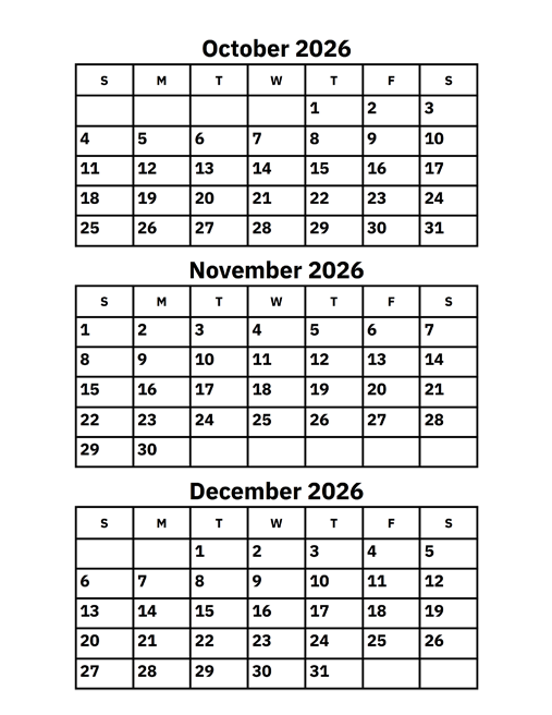 October Through December 2026 Calendar