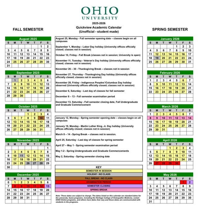 Ohio University Academic Calendar 2026 27