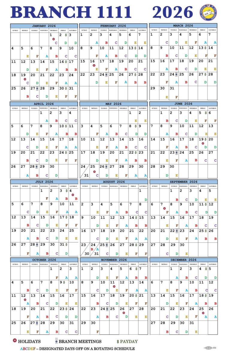 Postal Color Coded Calendar 2026