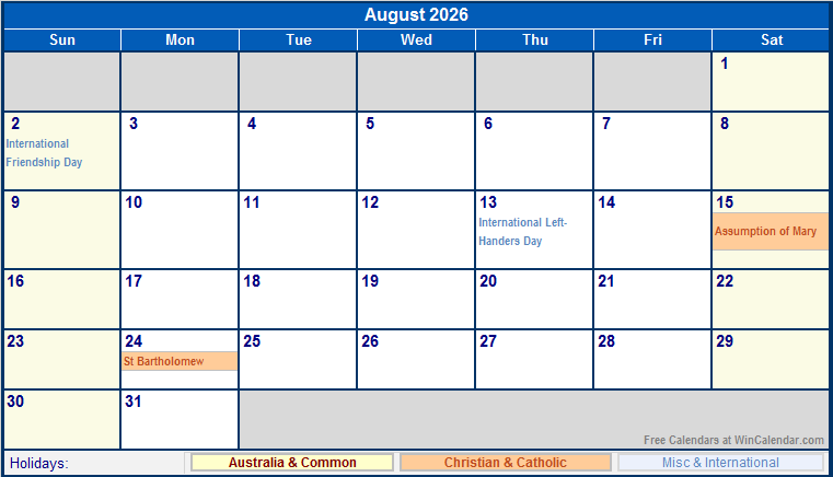 August 2026 Calendar Australia